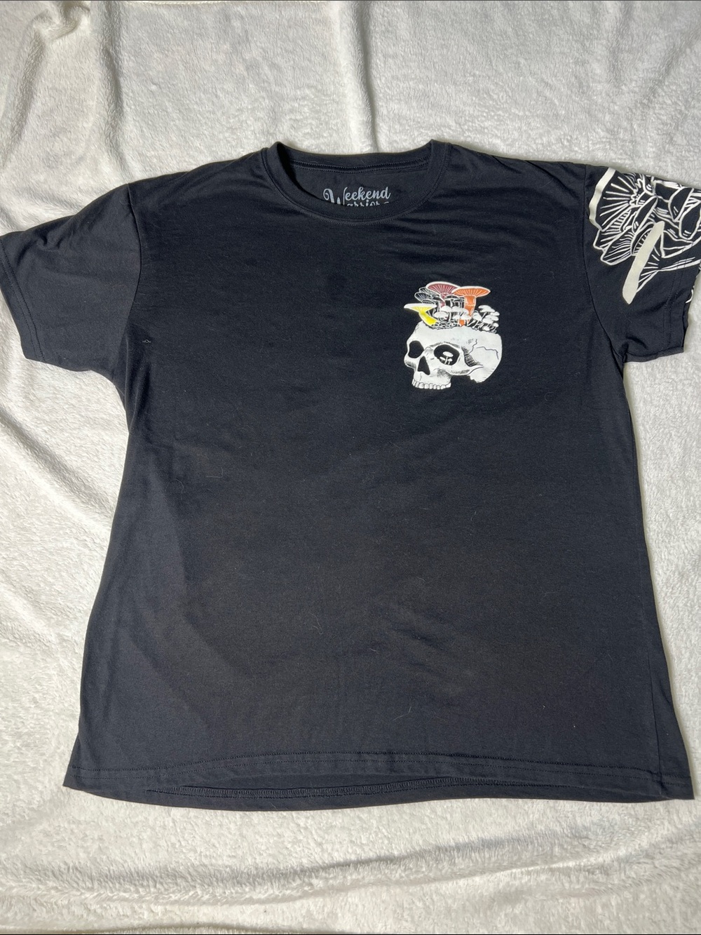 Black Graphic Skull Tee with Mushroom Detail